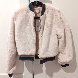 New Spiritual Gangster Cream Faux Fur Bomber Jacket - Small